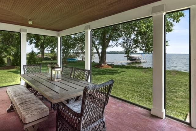 sunroom / solarium featuring wooden ceiling and a water view