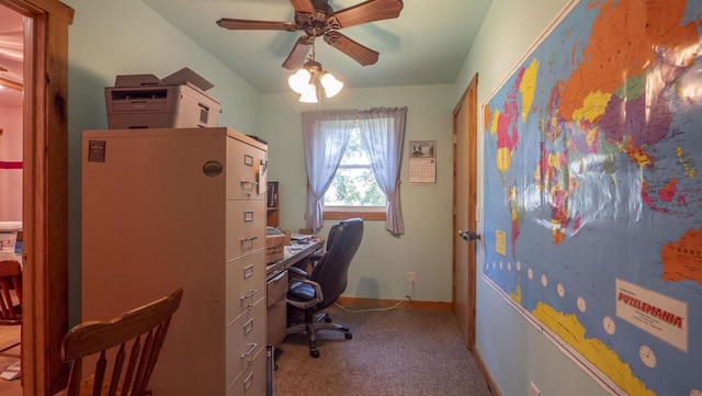 office with light colored carpet and ceiling fan