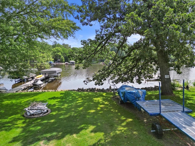 view of dock featuring a yard and a water view