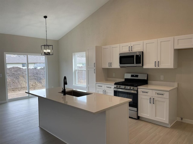 kitchen featuring white cabinetry, sink, a kitchen island with sink, and stainless steel appliances