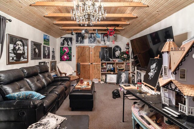 carpeted living room with a chandelier, wood ceiling, and vaulted ceiling