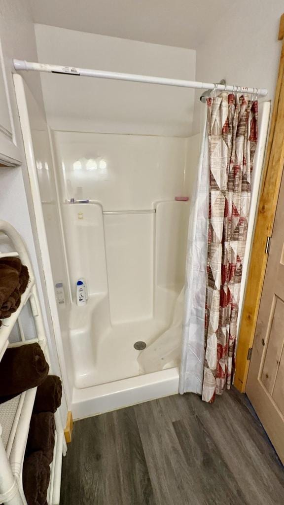 bathroom with wood-type flooring and a shower with curtain