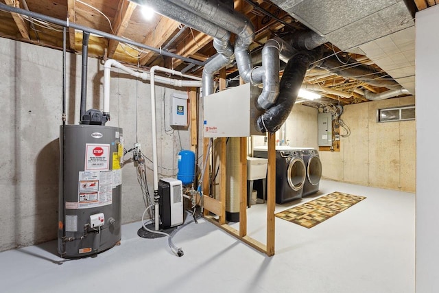 S2916A Fairway Dr, Reedsburg, WI 53959 - basement with sink, electric panel, separate washer and dryer, and gas water heater