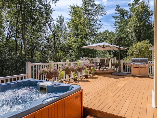 S2916A Fairway Dr, Reedsburg, WI 53959 - wooden deck with a hot tub and grilling area