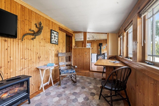 interior space with a wealth of natural light, wood-type flooring, and wooden walls