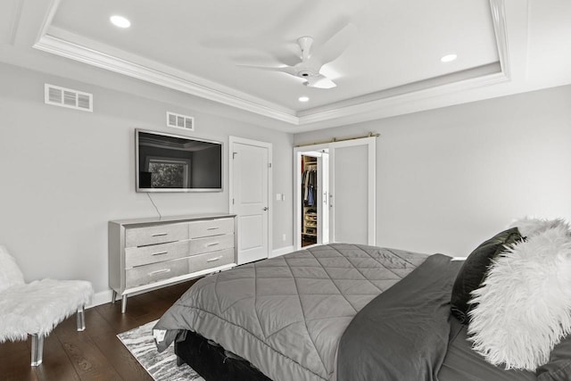 bedroom featuring a closet, dark wood-type flooring, a raised ceiling, a spacious closet, and ceiling fan