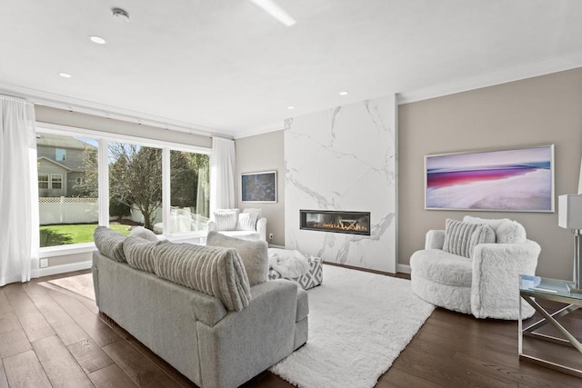 living room with ornamental molding, dark hardwood / wood-style floors, and a high end fireplace