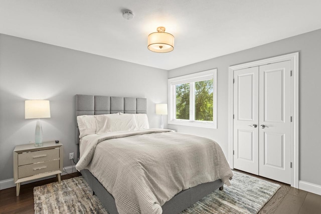 bedroom with a closet and dark hardwood / wood-style flooring