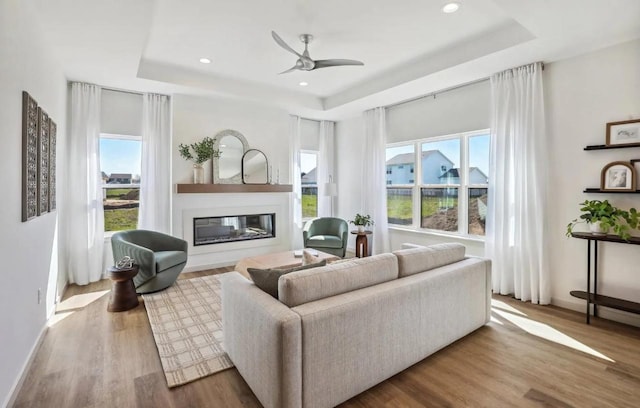 living room with a raised ceiling, ceiling fan, and wood-type flooring