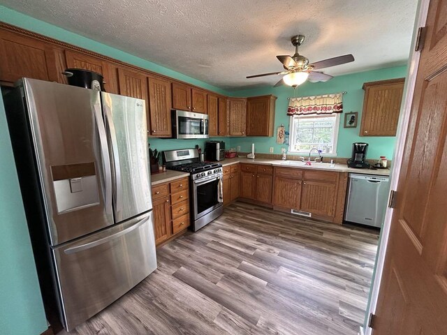 kitchen featuring light hardwood / wood-style flooring, sink, a textured ceiling, ceiling fan, and stainless steel appliances