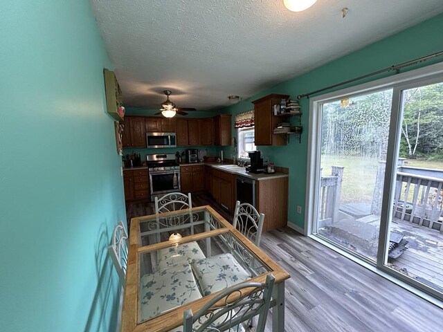 kitchen with appliances with stainless steel finishes, a textured ceiling, a wealth of natural light, and light hardwood / wood-style flooring