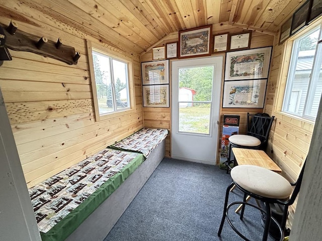 interior space with carpet, lofted ceiling, a healthy amount of sunlight, and wood ceiling