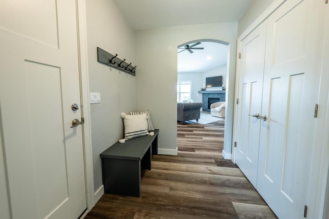 mudroom with dark hardwood / wood-style flooring and ceiling fan