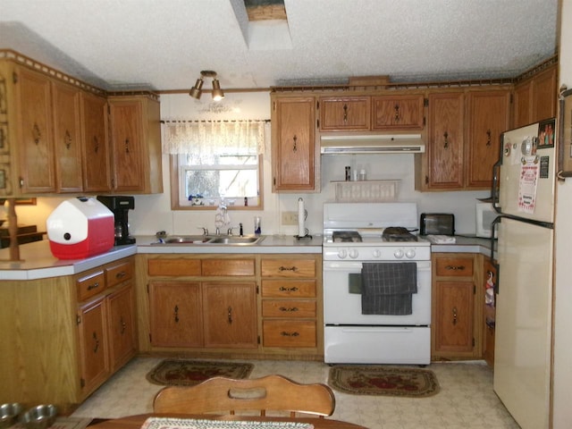N3567 Manning Dr Unit 45, Montello, WI 53949 - kitchen featuring white appliances, exhaust hood, brown cabinetry, light countertops, and a sink