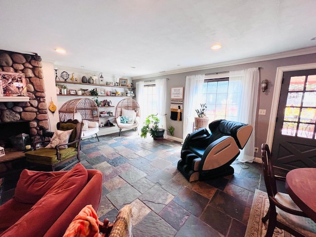 living room featuring a fireplace and ornamental molding