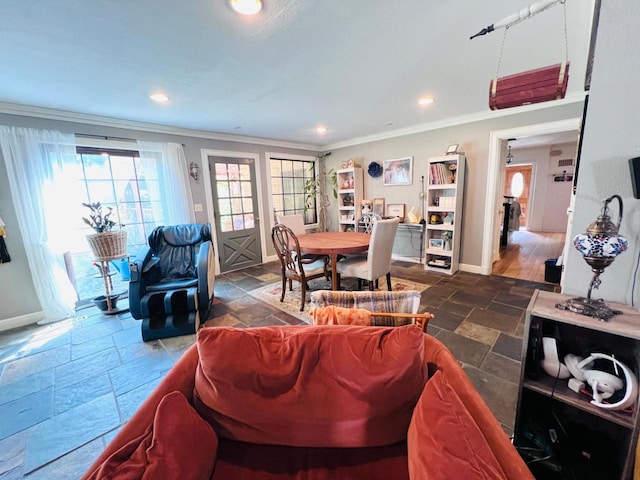 living room with crown molding