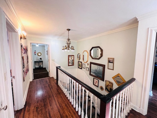 hallway featuring ornamental molding, dark hardwood / wood-style floors, and an inviting chandelier