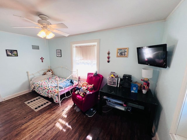 bedroom featuring ceiling fan and dark wood-type flooring