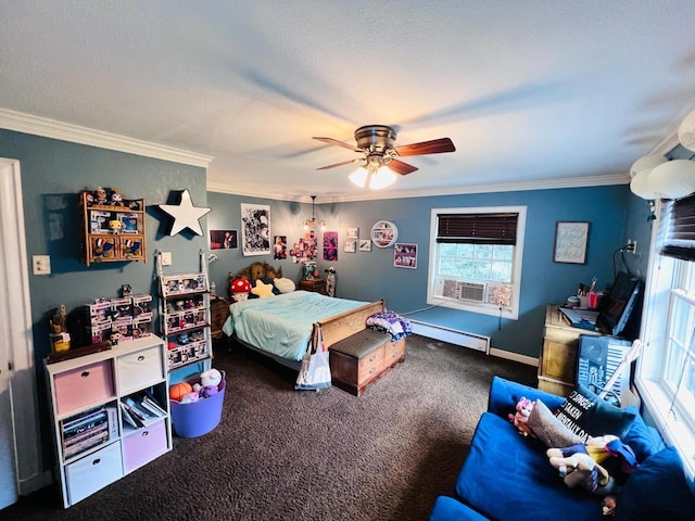 carpeted bedroom with a textured ceiling, ceiling fan, ornamental molding, and a baseboard radiator