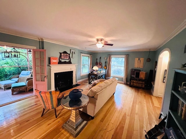 living room featuring ornamental molding, ceiling fan, and light hardwood / wood-style flooring