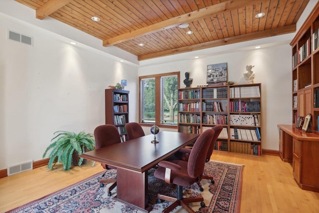 home office with light hardwood / wood-style flooring, beamed ceiling, and wooden ceiling