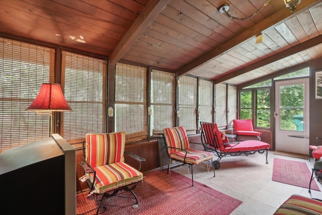 sunroom with vaulted ceiling with beams and wooden ceiling