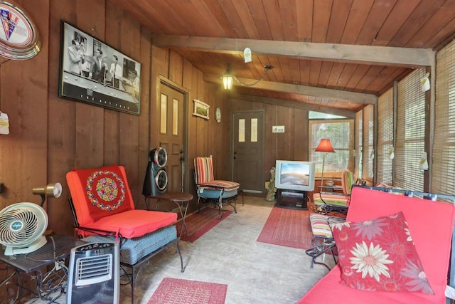 sitting room featuring vaulted ceiling with beams, wood walls, and wooden ceiling