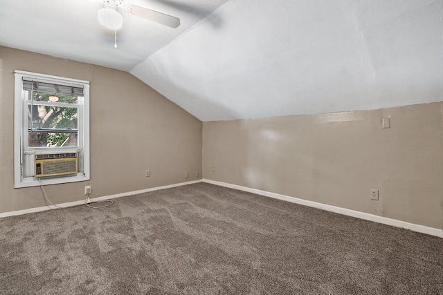 bonus room with carpet floors, vaulted ceiling, ceiling fan, and cooling unit