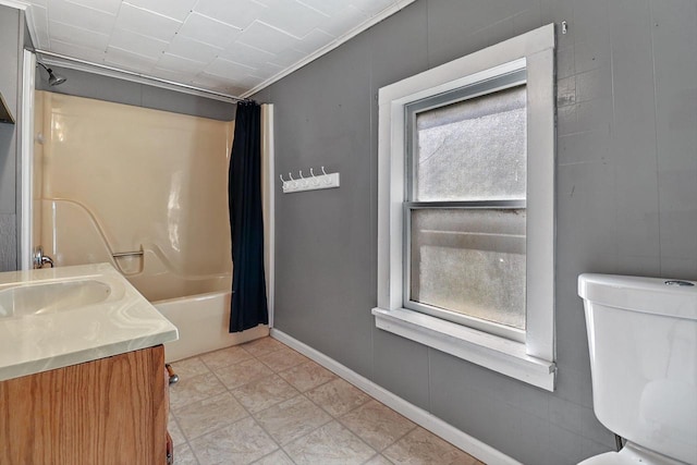 full bathroom with shower / bath combination with curtain, toilet, a healthy amount of sunlight, and vanity