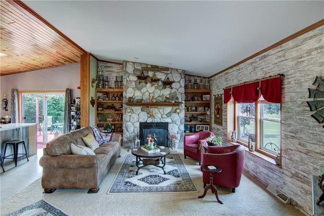 carpeted living room featuring a fireplace and lofted ceiling