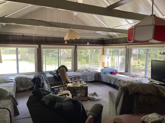 interior space with lofted ceiling with beams