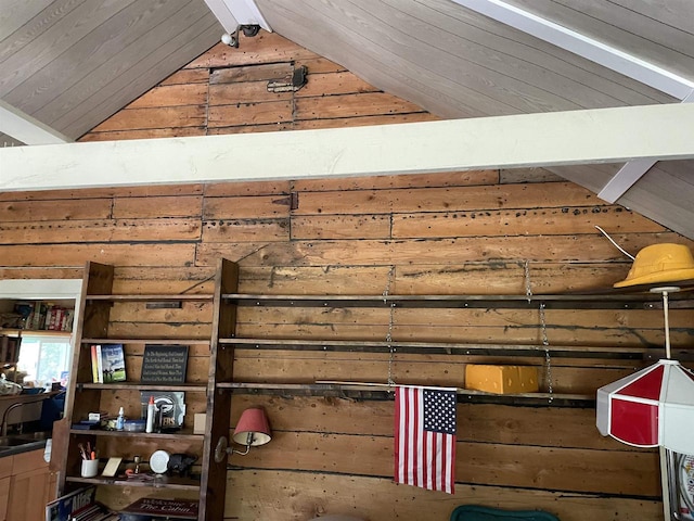 interior space with beamed ceiling and wood ceiling