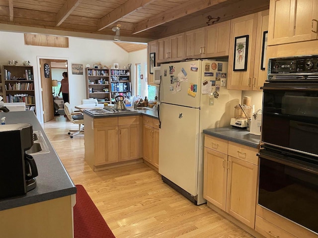 kitchen with beamed ceiling, double oven, white fridge, light hardwood / wood-style floors, and wood ceiling