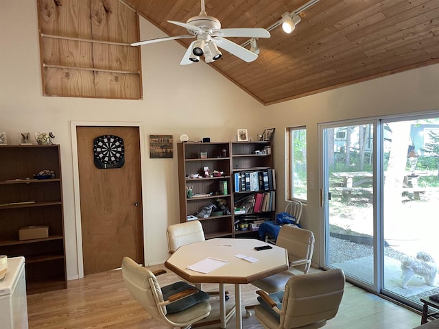 dining space featuring high vaulted ceiling, light hardwood / wood-style floors, track lighting, ceiling fan, and wood ceiling