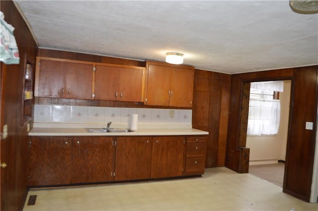 kitchen with sink and wood walls