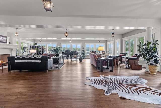 living room featuring dark hardwood / wood-style flooring, decorative columns, and a wealth of natural light