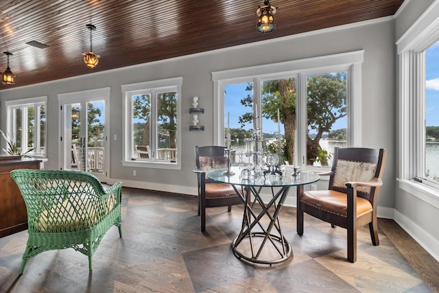 sunroom featuring a wealth of natural light and wood ceiling