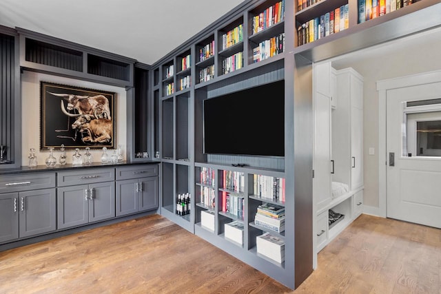 interior space featuring light wood-type flooring and built in features