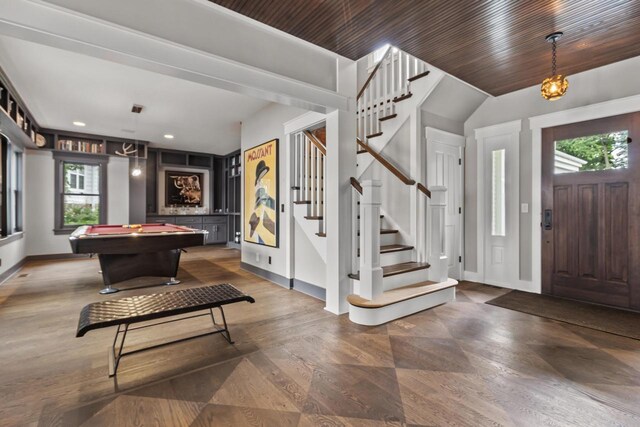 entrance foyer featuring pool table and wood ceiling