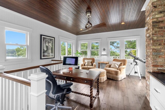 home office with ceiling fan, wood-type flooring, wood ceiling, and a healthy amount of sunlight