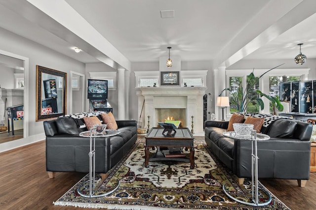 living room featuring dark wood-type flooring