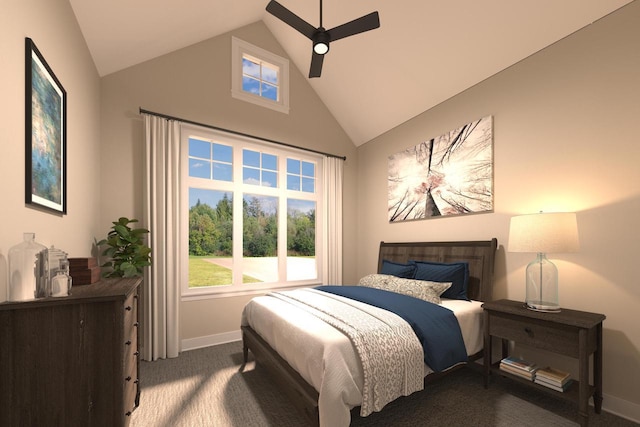 bedroom featuring high vaulted ceiling, dark colored carpet, and ceiling fan