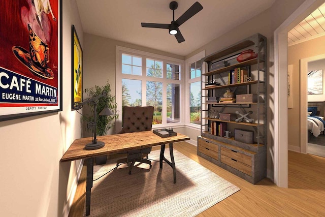 office space featuring hardwood / wood-style flooring and ceiling fan