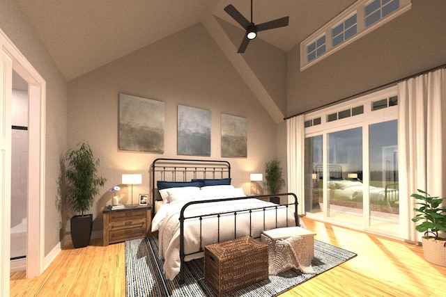 bedroom with lofted ceiling, ceiling fan, access to exterior, and hardwood / wood-style floors