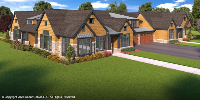 N18W22670 Watertown Rd Unit 1, 2, 3, Pewaukee, WI 53072 - view of front of property featuring stone siding, asphalt driveway, an attached garage, and a front lawn