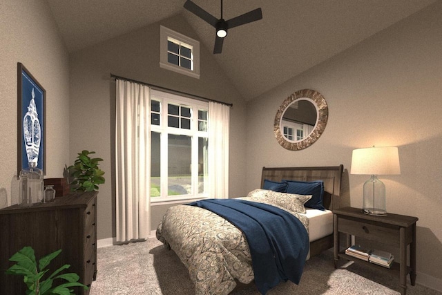 carpeted bedroom featuring ceiling fan and vaulted ceiling