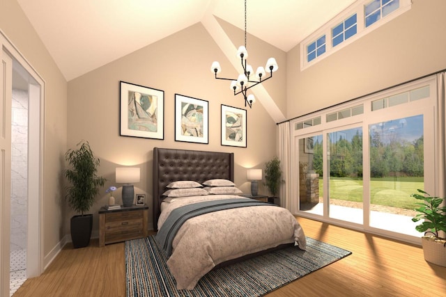 bedroom featuring access to outside, an inviting chandelier, wood-type flooring, and vaulted ceiling