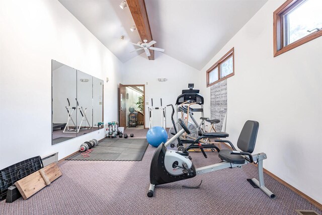 workout room featuring carpet, high vaulted ceiling, and ceiling fan