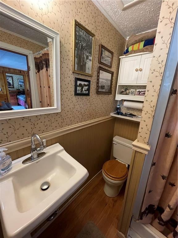 bathroom with sink, hardwood / wood-style flooring, a textured ceiling, curtained shower, and toilet