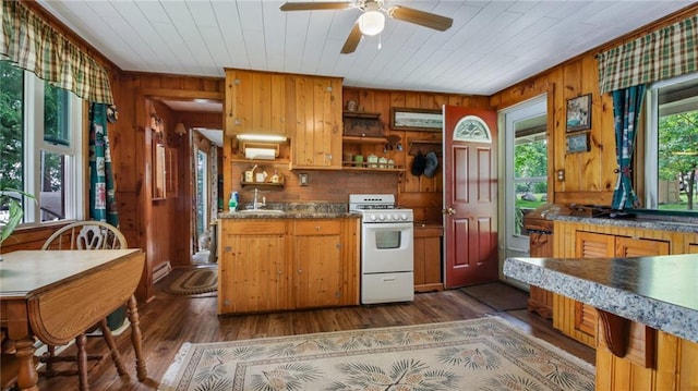 12810 N County Highway T, Hayward, WI 54843 - kitchen with dark wood-type flooring, gas range gas stove, wood ceiling, wood walls, and sink